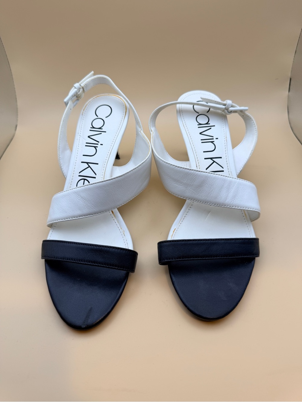Calvin Klein Two-Tone White and Black Crisscross Slingback Sandals